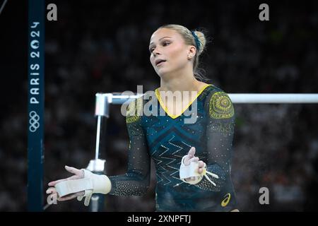 Ruby Pass ( aus ) unebene Bars, Kunstturnen, Frauen&#39;Allround-Finale während der Olympischen Spiele 2024 in Paris am 1. August 2024 in der Bercy Arena in Paris Credit: Independent Photo Agency/Alamy Live News Stockfoto