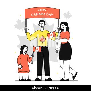 Happy Canada Day. Familie mit Fahnen und Ahornblatt. Traditioneller Feiertag und Festival 1. Juli. Freiheit und Unabhängigkeit. Kanadische Geschichte. Linearer Vektor Stock Vektor