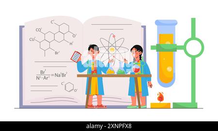 Kinder mit Chemie. Junge und Mädchen mit Reagenzgläsern in der Nähe des Buches. Schulkinder betreiben Forschung im Labor. Allgemeine und berufliche Bildung. Flacher Vektor Stock Vektor