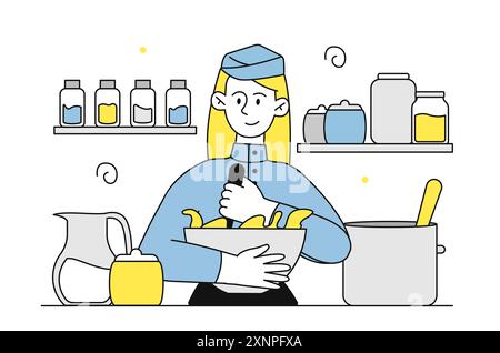 Der Koch kocht in der Küche. Frau in Kochkappe mit Gemüseplatte. Hausfrau bereitet Salat vor. Catering Beruf und Kulinarik. Linearer Vektor Stock Vektor