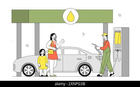 Leute an der Tankstelle. Der Arbeiter in Uniform hilft Mutter und Tochter beim Auftanken ihres Autos und Fahrzeugs. Der Mann trägt eine Pistole mit Kraftstoff und Benzin. Linear Stock Vektor