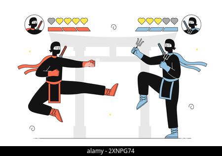 Kampfspiel-Konzept. Zwei Ninjas kämpfen gegeneinander. Szene aus Arcade und Videospiel. Kämpfer üben Karate, Kampfkunst. Linearer Vektor Stock Vektor