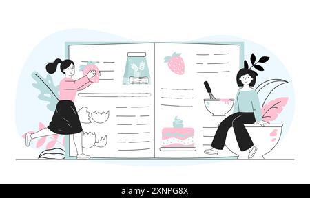 Mädchen mit Rezeptbuch. Frauen mit Beeren, Mehl in der Nähe eines Kochführers. Prozess der Lebensmittelzubereitung. Hausgemachte Backstube. Linearer Vektor Stock Vektor
