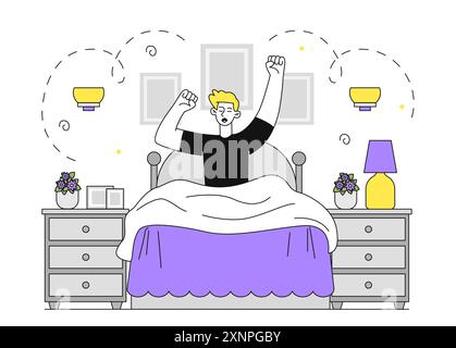 Der verschlafene Mann wacht auf. Der Junge sitzt auf dem Bett und dehnt sich. Morgenszene von zu Hause aus. Person in einem komfortablen und gemütlichen Schlafzimmer. Erholung und Entspannung. Linear Stock Vektor