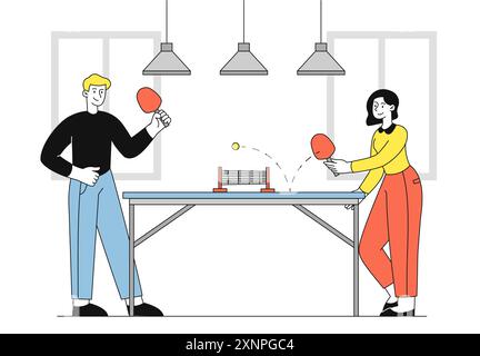 Die Leute spielen Tischtennis. Mann und Frau mit Schlägern spielen Tischtennis. Aktiver Lifestyle und Sport. Wettbewerb und Turnier. Hobby und Freizeit Stock Vektor