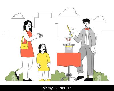 Zauberer mit Kaninchen. Ein männlicher Illusionist führt einen Trick aus, bei dem er Kaninchen und Hut bekommt. Unterhaltung und Spaß. Zirkusvorstellung für Kinder. Linear Stock Vektor