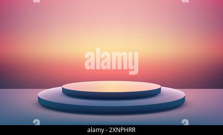 Minimalistisches 3D-Produktanzeigen mit einem zweistufigen runden Podium vor einem leuchtenden Hintergrund mit Farbverlauf, ideal für moderne und elegante Designs Stock Vektor