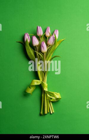 Ein minimalistisches Bild mit einem Strauß violetter Tulpen auf einem hellgrünen Hintergrund. Der schlichte und dennoch auffällige Kontrast unterstreicht die Eleganz A Stockfoto