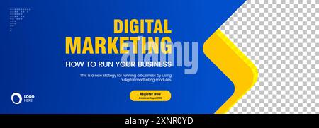 Gelbes und blaues Kurvenbanner für das Design digitaler Marketingkonzepte, das in Präsentationsbanner verwendet wird Stock Vektor