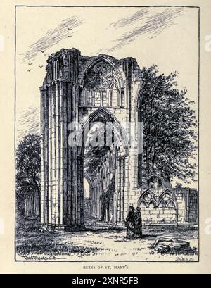 Ruinen der St. Mary's Abbey Illustration von Thomas R. Macquoid Thomas Robert Macquoid (1820–1912) war ein produktiver Künstler, dessen Werke Ölgemälde und Aquarelle, Buchillustrationen und Entwürfe für Bucheinbände umfassten. Geboren in Brompton, London, lebte er sein ganzes Leben in der Hauptstadt Text by Katherine Macquoid, veröffentlicht 1894 Stockfoto