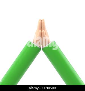 Mockup Des Symbols Für Zeichentrickgesten. Gebetslinie und Glyphe Symbol, Religion und Gebet, Hände betendes Zeichen, 3D-Rendering auf weißem Hintergrund. Stockfoto