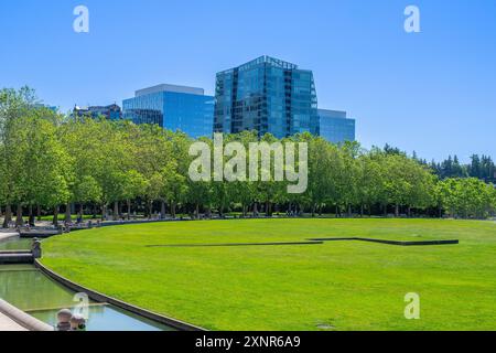 GEBÄUDE IN DER INNENSTADT VON BELLEVUE MIT LAUB IM VORDERBODEN UND EINEM KLAREN BLAUEN HIMMEL AUS DEM STADTZENTRUM VON BELLEVUE CITY PARK Stockfoto