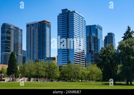 Moderne Wolkenkratzer im Stadtzentrum von Bellevue, Washington, mit einem klaren blauen Himmel und einem üppigen grünen Park im Vordergrund. Stockfoto