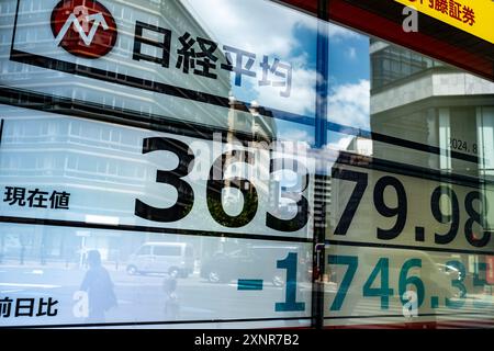 Tokio. Oktober 1987. Dieses am 2. August 2024 aufgenommene Foto zeigt einen Bildschirm mit Echtzeit-Börseninformationen in Tokio, Japan. Japans Benchmark-Aktienindex Nikkei verzeichnete am Freitag seinen größten Eintagesrückgang des Jahres und damit auch den zweitgrößten in der Geschichte. Es war auch der größte Rückgang seit mehr als 36 Jahren seit einem Rückgang von 3.836 Punkten am 20. Oktober 1987, einem Tag nach dem Black Monday Crash. Der 225er Nikkei Stock Average endete mit 35.909,70, ein Rückgang um 2.216,63 Punkte oder 5,81 Prozent gegenüber Donnerstag. Quelle: Zhang Xiaoyu/Xinhua/Alamy Live News Stockfoto