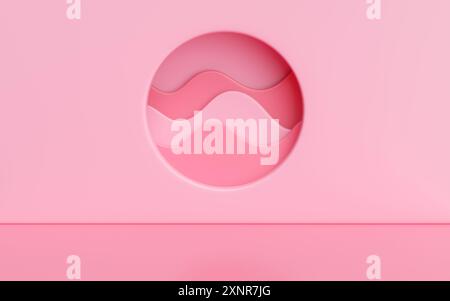 Leerer Hintergrund in rosa Pastellfarben mit kreisförmigem Fenster in der Wand und abstrakter Wellenform. 3D-Rendering-Abbildung Stockfoto