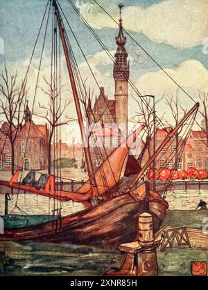 VEERE eine herbstliche Landschaft. Veere ist ein charmantes Dorf in Zeeland. Zur Zeit Napoleons war es eine wichtige Garnisonsstadt. Es war einst ein bekannter Hafen, der einen großen Handel mit Schottland führte. Der Turm ist der Turm des Rathauses., farbige Illustration aus der Serie Holland von Nico Jungman Nicolaas Wilhelm Jungmann (in England häufig Jungman geschrieben; 5. Februar 1872 – 14. August 1935) war ein anglo-niederländischer Maler von Landschaften und figuralen Themen, ein Buchillustrator und Dekorateur. Veröffentlicht 1913 Stockfoto