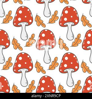 Fliege durch Agaren und gefallene Blätter nahtloses Muster. Hintergrund des Herbstpilzes. Rote Pilze mit Punktmuster für Textilien, Verpackungen und Vektorgrafiken Stock Vektor
