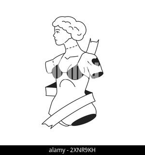 Y2K antike griechische Frau Skulptur im BH mit Band zeitgenössische Pop Art Umriss Icon Vektor flache Illustration. Historisches Gipskörper-Denkmal der Göttin Stock Vektor