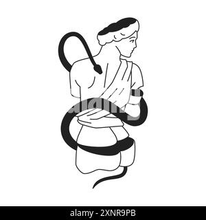 Y2K griechische antike Göttin Gott Statue Abschnitt mit Schlange Pop Art Umriss Icon Vektor flache Illustration. Historisches Männerfrauendenkmal mit Gips Stock Vektor