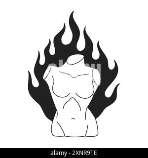 Y2K griechische Frau Körper Skulptur mit brennender Flamme neo Gothic Umrisssymbol Vektor flache Illustration. Historisches antikes Denkmal der weiblichen Göttin Stock Vektor