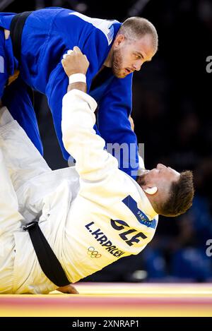 PARIS: Judoka Jelle Snippe im Kampf gegen Lukas Krpalek aus Tschechien bei den Olympischen Spielen. ANP KOEN VAN WEEL Stockfoto