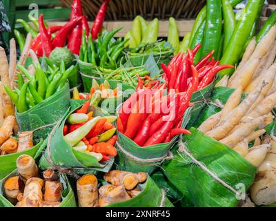 Auswahl an frischen Paprika und Wurzeln, einschließlich Chili und Kurkuma, auf einem Markt in Bananenblättern ausgestellt. Stockfoto