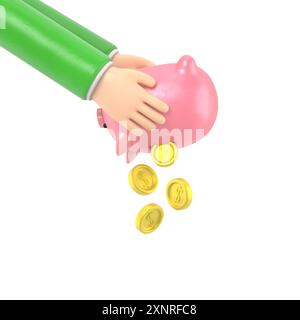 Mockup Des Symbols Für Zeichentrickgesten. Mensch in Händen schüttelt Schweinebank. Sturzgeld. Münzen fallen lassen. Geld ausgeben. Armer Mann. Finanzkrise, 3D-Rendering auf Whit Stockfoto