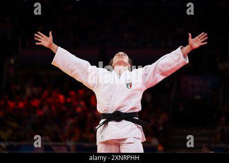 BELLANDI Alice (Italien, weiß) vs SAMPAIO Patricia (Portugal, blau), im Bild Jubel von BELLANDI Alice (Italien, weiß) ueber den Sieg, FRA, Olympische Spiele Paris 2024, Judo, Damen bis 78 kg, Final Session, 01.08.2024 Foto: Eibner-Pressefoto/Michael Memmler Stockfoto