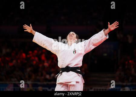 BELLANDI Alice (Italien, weiß) vs SAMPAIO Patricia (Portugal, blau), im Bild Jubel von BELLANDI Alice (Italien, weiß) ueber den Sieg, FRA, Olympische Spiele Paris 2024, Judo, Damen bis 78 kg, Final Session, 01.08.2024 Foto: Eibner-Pressefoto/Michael Memmler Stockfoto