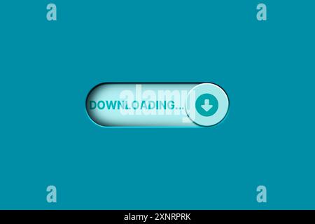 3D-Darstellung der blauen Taste, die für den Download eingeschaltet ist. Cloud-Speicher, der Software installiert oder Dateien speichert. Datensicherung. Cybersicherheit. Stockfoto