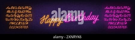 Happy Birthday Neon Schild auf Backsteinwand Hintergrund. Vorlage für Text mit rosa und gelbem Neonalphabet. Stock Vektor