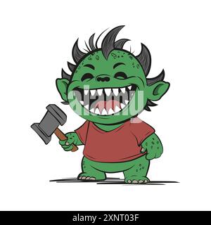 Süßes kleines Baby-Monster mit Hammer in der Hand. Vektorillustration für T-Shirt, Website, ClipArt und Print on Demand Merch. Stock Vektor