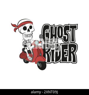Lustiger Skelett-Cartoon in Bandana, der auf einem roten Roller mit einem Zitat Ghost Rider reitet. Vektor-Illustration für T-Shirt Print on Demand Merch Stock Vektor
