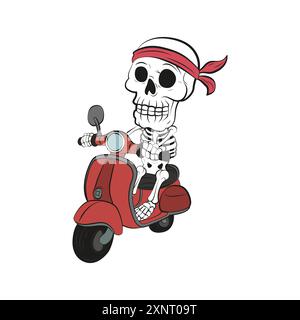 Lustiger Skelett-Zeichentrick in Bandana auf einem roten Roller. Vektorillustration für T-Shirt, Website, ClipArt, Poster und Print-on-Demand-Waren. Stock Vektor