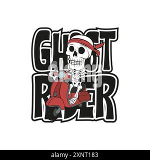 Lustiger Skelett-Cartoon in Bandana, der auf einem roten Roller mit einem Zitat Ghost Rider reitet. Vektor-Illustration für T-Shirt Print on Demand Merch Stock Vektor