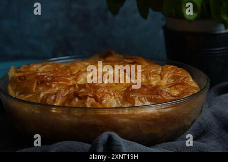 Griechischer Kuchen mit Spinat und Lachs in Filloteig Stockfoto