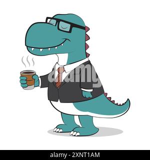 Süßer T-rex Dinosaurier im Business-Outfit und bei einer Tasse Kaffee. Vektorillustration für T-Shirt, Website, ClipArt und Print on Demand Merch Stock Vektor