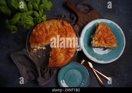 Griechischer Kuchen mit Spinat und Lachs in Filloteig Stockfoto