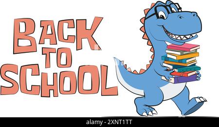 Lustiger Cartoon eines glücklichen, intelligenten Dinosauriers, der mit Büchern in den Händen läuft, mit einem Zitat zurück zur Schule. Vektor-Illustration für T-Shirt Print on Demand Merch Stock Vektor