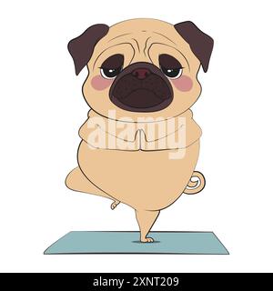 Niedlicher Mops-Hund in ruhiger Yoga-Haltung, auf einem Bein stehend. Lustige Vektor-Illustration für T-Shirt, Website, Clip Art, Poster und Druck auf Abruf Merch Stock Vektor