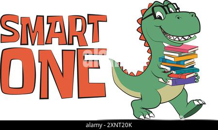 Lustiger Cartoon eines glücklichen, intelligenten Dinosauriers, der mit Büchern in den Händen läuft, mit einem klugen Zitat. Vektor-Illustration für T-Shirt, Website, Clip-Art, Poster Stock Vektor