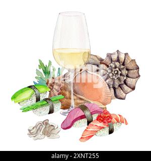 Lachs und Garnelen Sushi, Spargel und Ingwer, Meeresfrüchte, Glas Weißwein oder Sake, bemalt mit Stockfoto