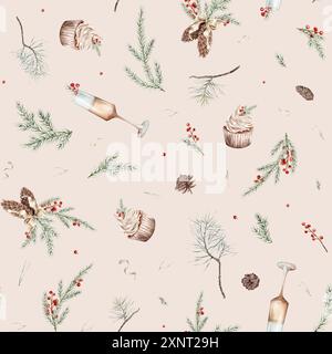 Nahtloses Silvester-Muster mit Tannenzweigen und roten Beeren, Ilex oder stechpalme. Handgezeichnete Aquarelle Weihnachtskuchen und Champagner. Isoliert Stockfoto