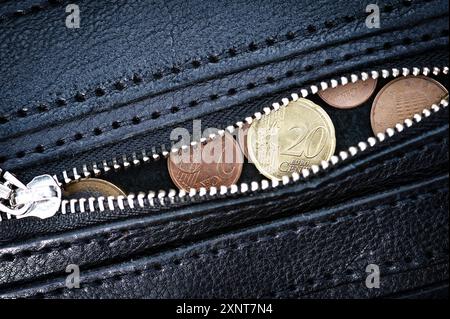 Euro-Tag. Inflation. Entlüftung. Zinssätze. Investitionen. Einsparungen. Das Gehalt einer Frau in der Eurozone. Euro-Geldmünzen in schwarzer Ledertasche mit Stockfoto