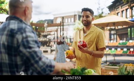 Porträt eines jungen gutaussehenden Kunden, der für ein gesundes Frühstück Bio-Obst und Gemüse der Saison einkauft. Ein multiethnischer Mann kauft nachhaltige Bio-Tomaten von einem lokalen Straßenhändler Stockfoto
