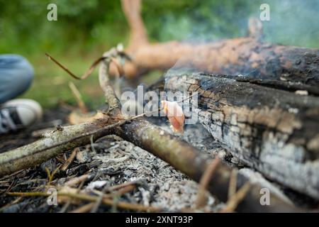 Brot und Speck am Lagerfeuer braten. Spaß am Lagerfeuer haben. Camping im Herbstwald. Stockfoto