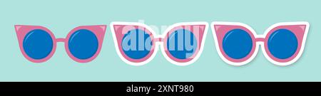 Eine rosa Sonnenbrille auf blauem Hintergrund. Ein Aufkleber mit Brille. Stock Vektor