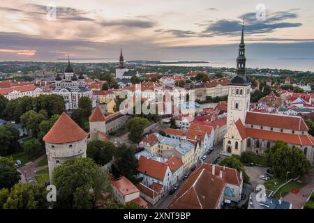 Berühmte Skyline-Aussicht auf die Altstadt von Tallinn an einem sonnigen Sommermorgen. St. Olaf's, St. Michaelis Kirchen, Alexander Newski Kathedrale, Defensive WA Stockfoto