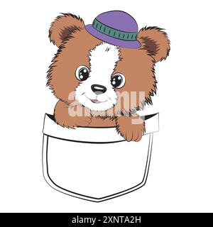 Niedlicher Bär in der Tasche. Hand gezeichnete lustige Teddybär-Vektor-Illustration für T-Shirt, Website, Druck, Clip Art, Poster und Druck auf Abruf Waren Stock Vektor