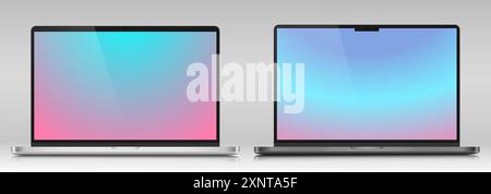 Eine Reihe von Laptop-Layouts in einem Metallgehäuse. Modelle moderner Laptops mit Farbverlaufsbildschirmen auf grauem Hintergrund. Stock Vektor